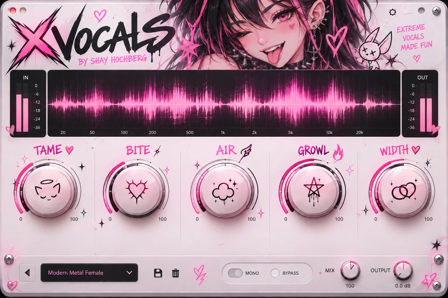 XVocals interface with Tame, Bite, Air, Growl and Width macro knobs